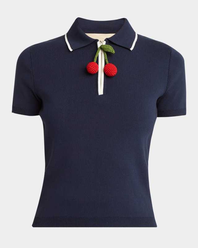 Crochet Cherry Short-Sleeve Cotton Polo Shirt